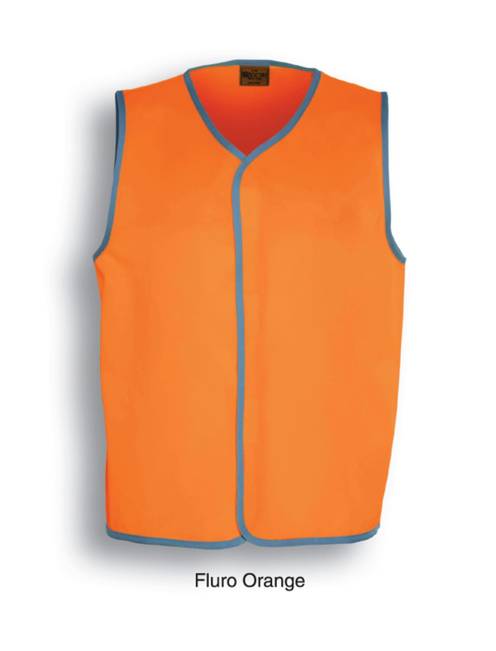 A high-visibility safety vest in fluro orange with blue trim, featuring a logo.