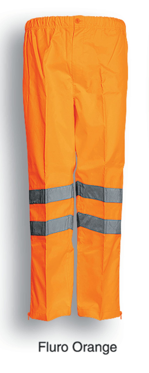 Unisex adults hi-vis pants in fluro orange with reflective tape detailing and an elasticated waist.
