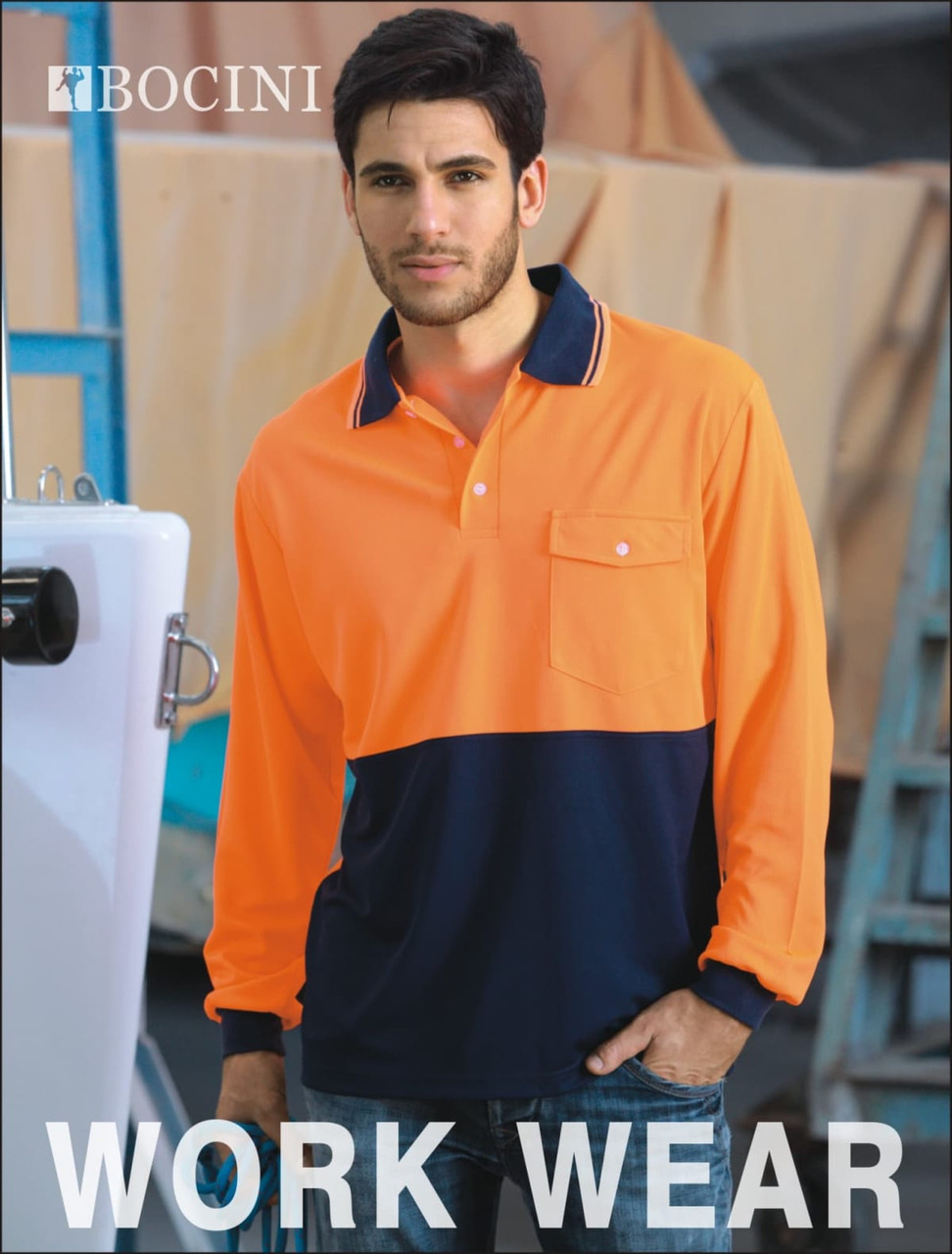 Unisex long sleeve safety polo in bright orange and navy, featuring a pocket and a logo.