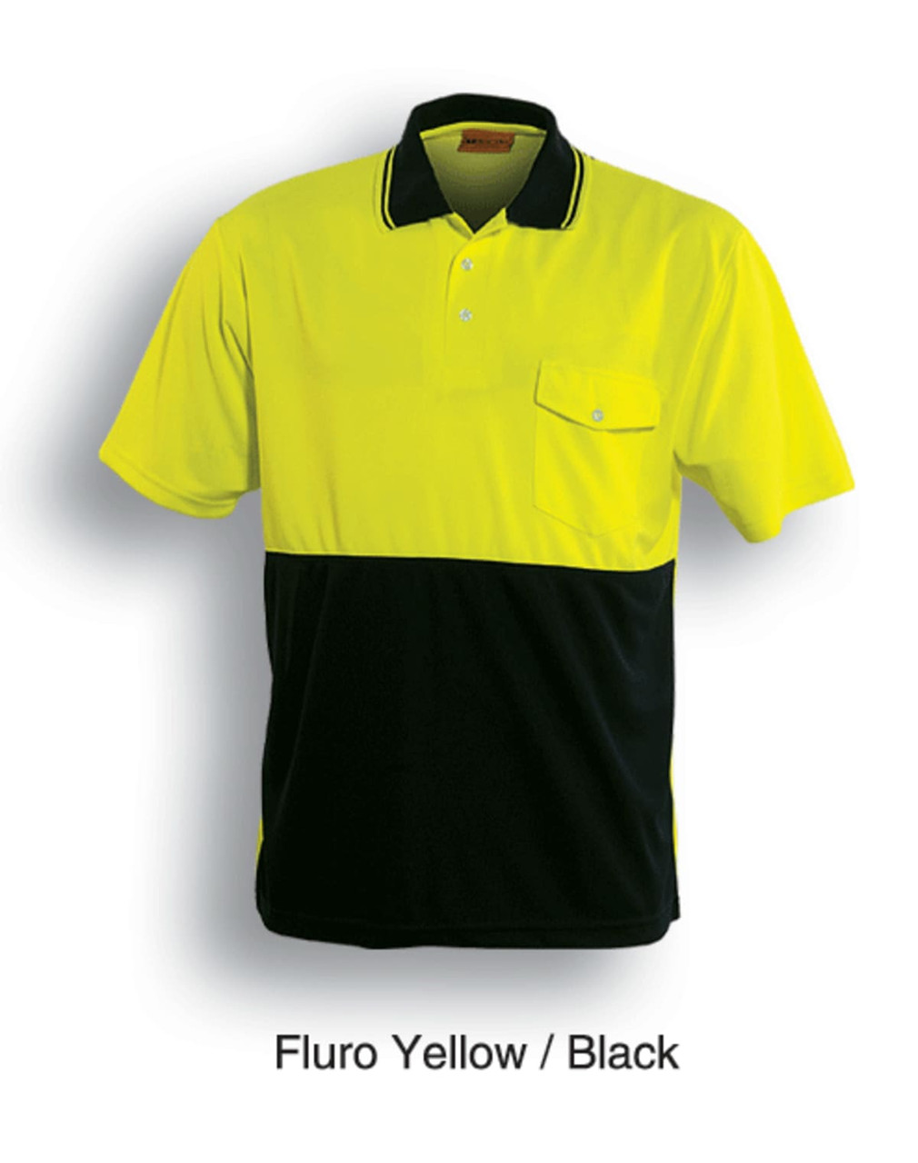 A fluro yellow and black short sleeve polo shirt with a pocket and a logo on the collar.