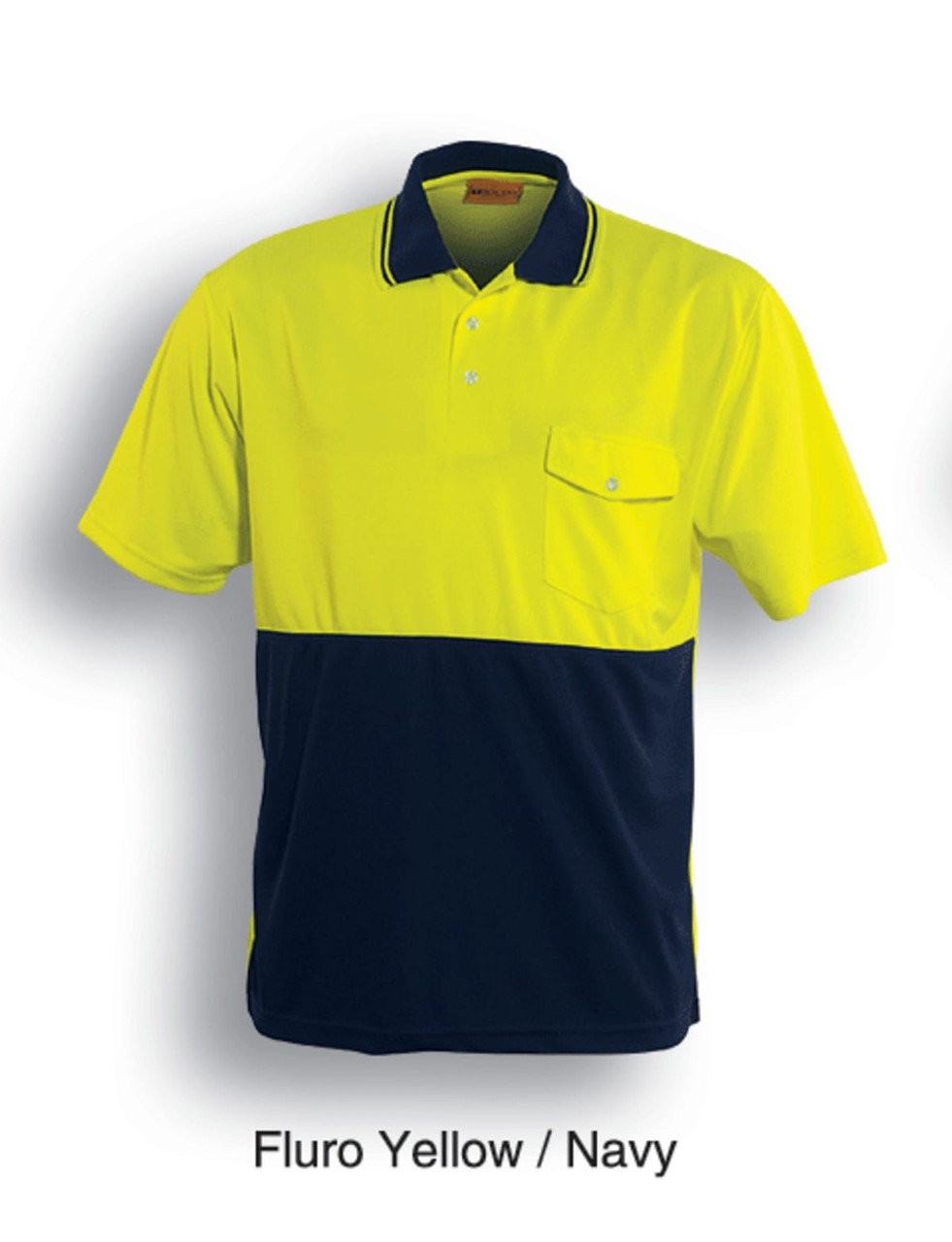Hi-vis polo shirt in fluro yellow and navy, featuring a pocket and a logo on the chest. Short sleeve design.