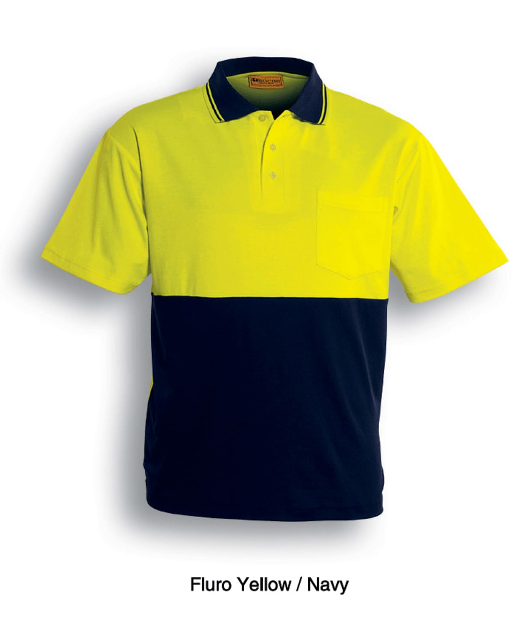 A Fluro Yellow and Navy unisex polo shirt with short sleeves, featuring a chest pocket and a logo.