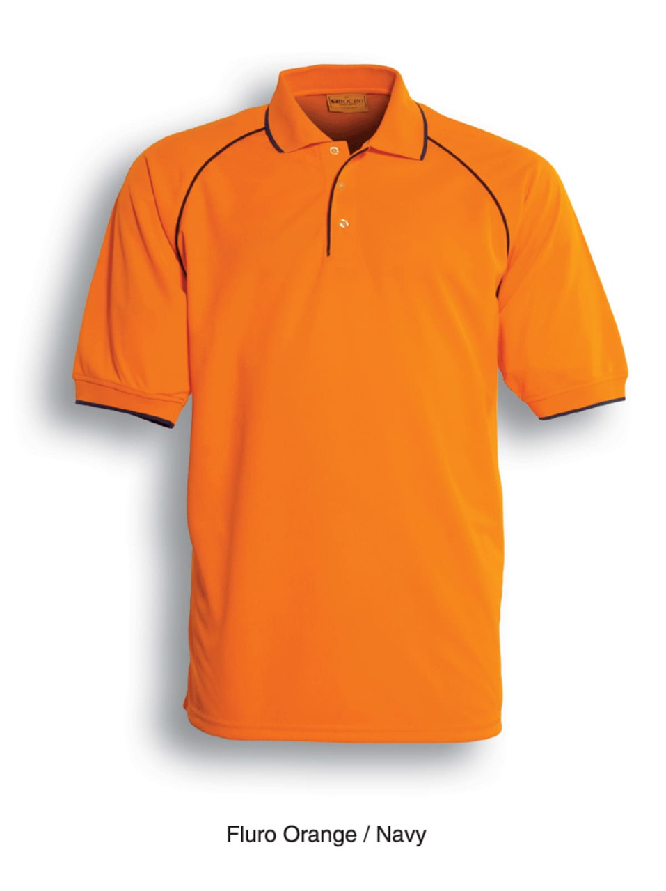 A bright fluro orange polo shirt with navy trim and a logo on the chest. Casual design suitable for workwear.