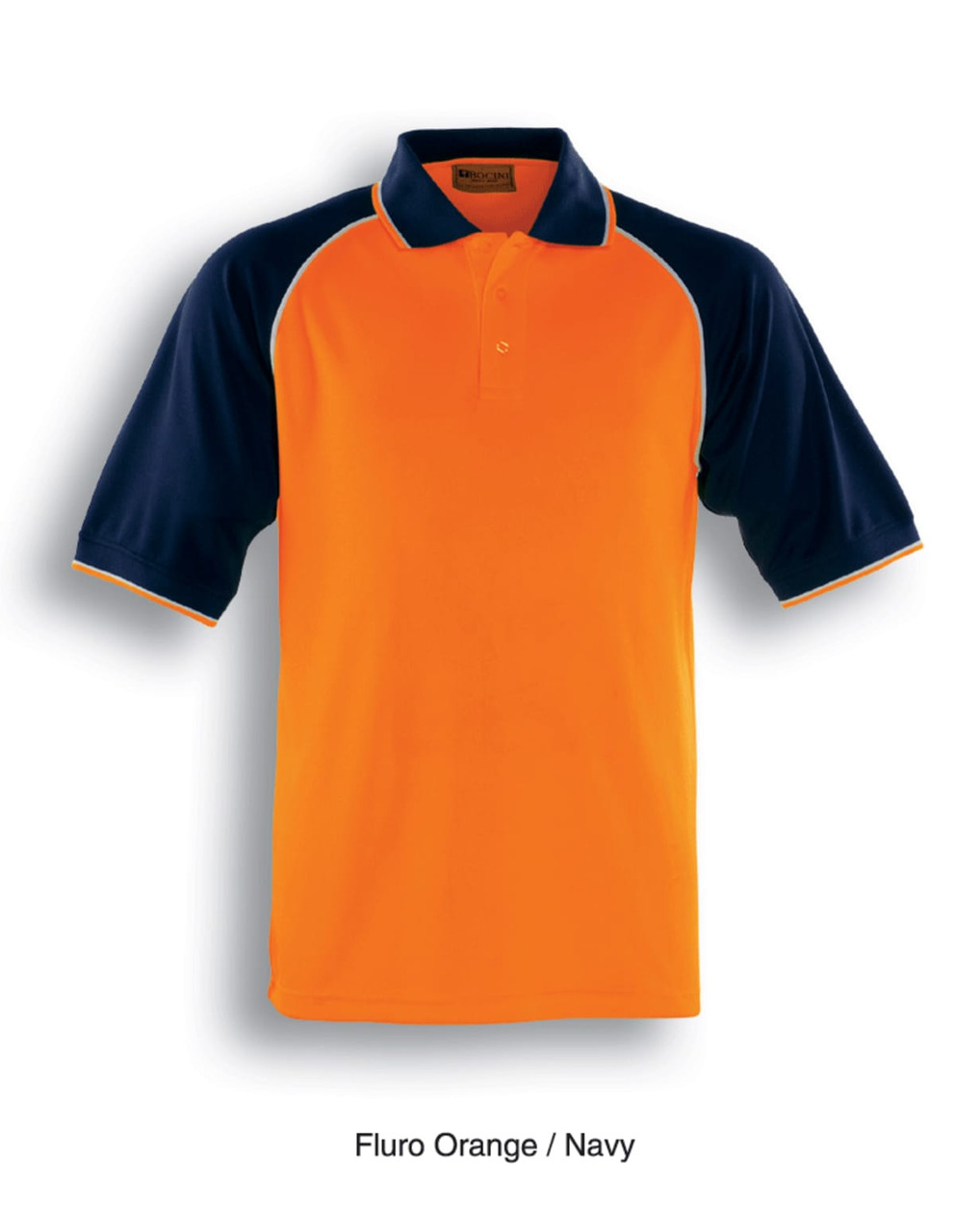 A Fluro Orange and Navy unisex adults hi-vis raglan sleeve polo shirt with a logo.