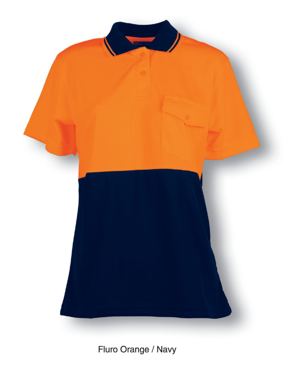 A fluro orange and navy short-sleeved safety polo shirt with a pocket and a logo.