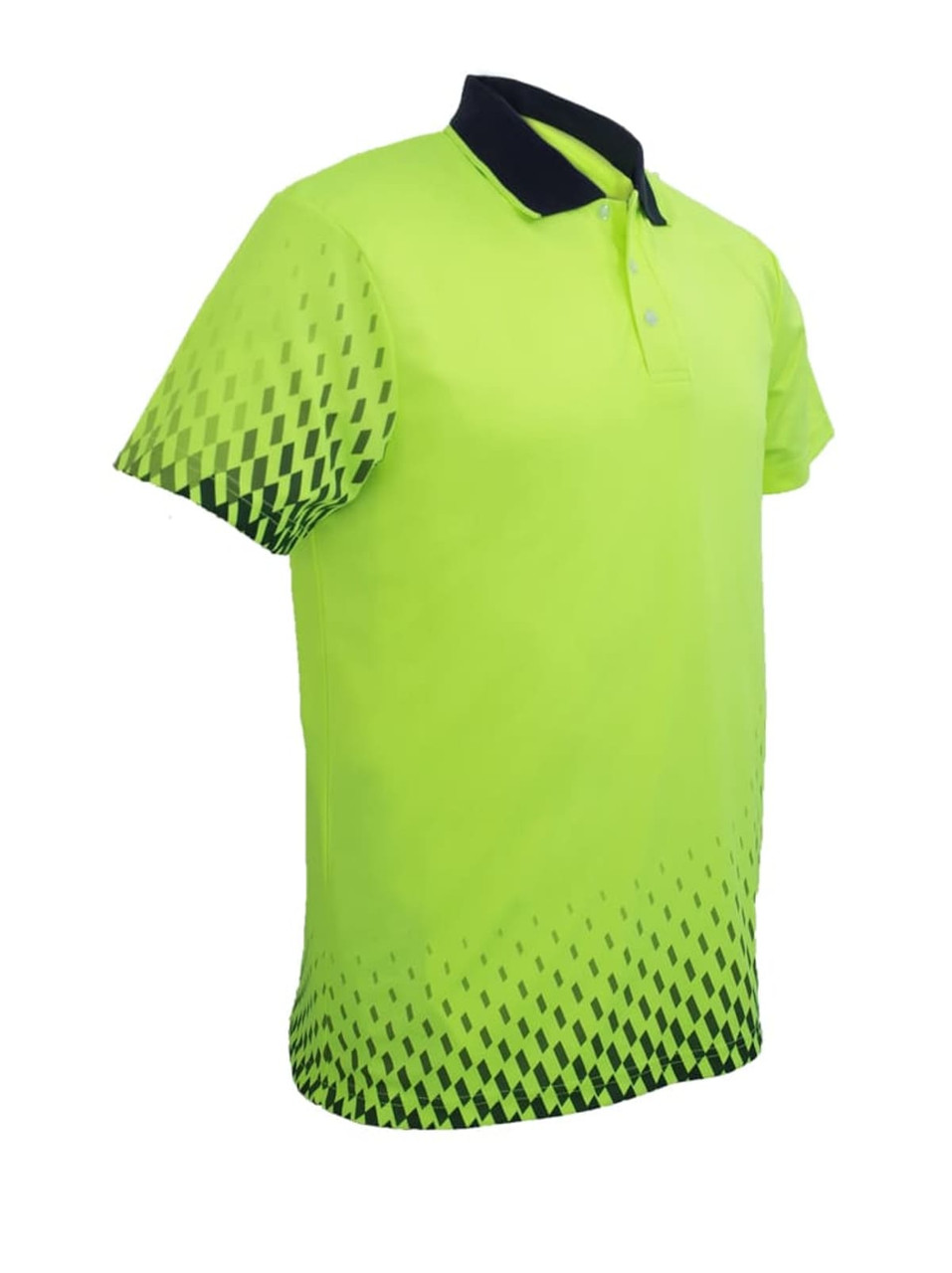 A hi-vis gradient polo in bright yellow-green with a navy collar, featuring a diamond pattern design.