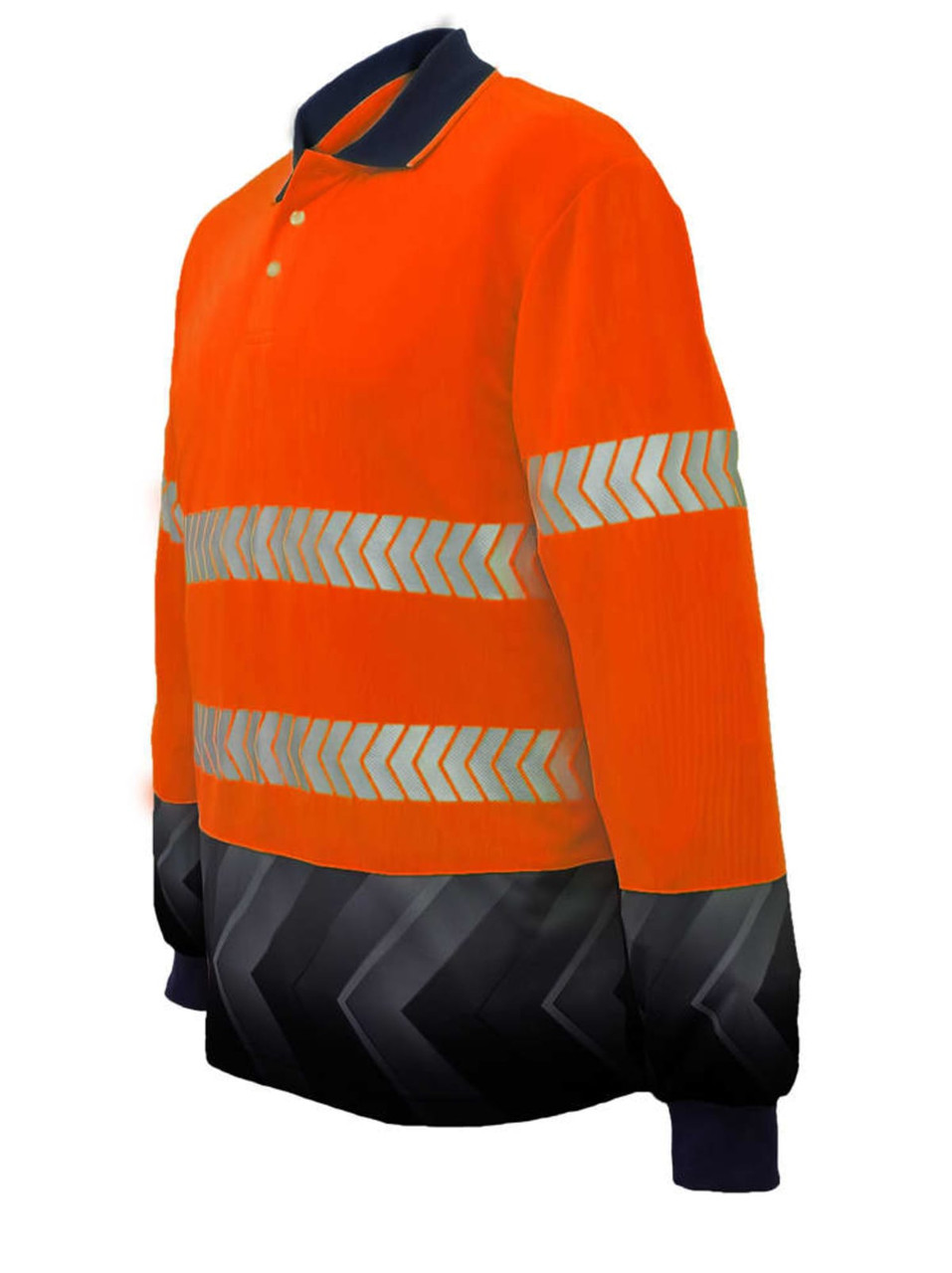A bright orange long-sleeve polo shirt featuring reflective stripes and a dark navy contrast at the bottom, with a logo.