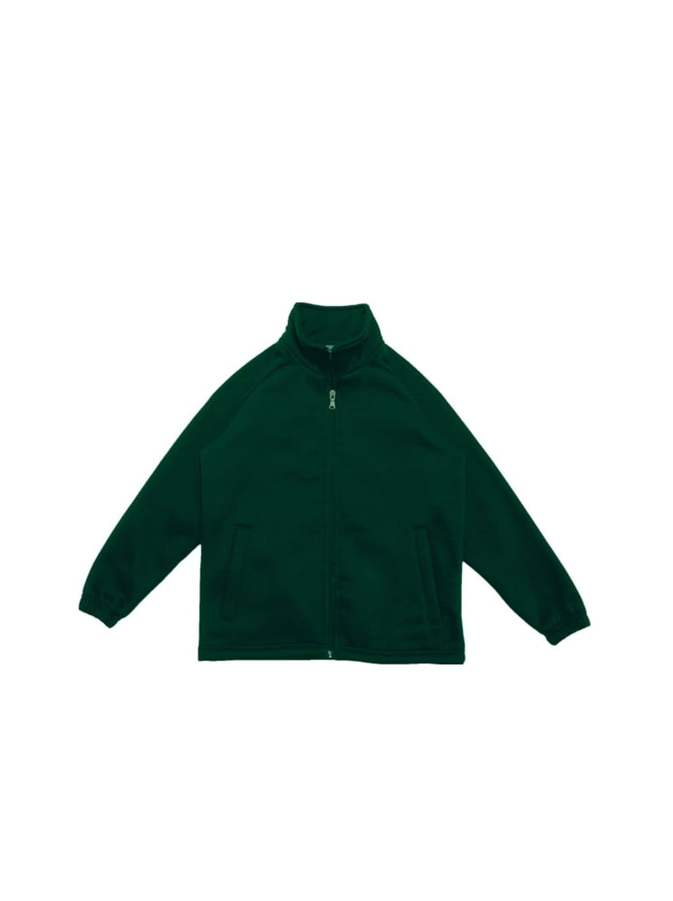 A green unisex poly/cotton fleece zip-through jacket with long sleeves and a collar. It has two front pockets.