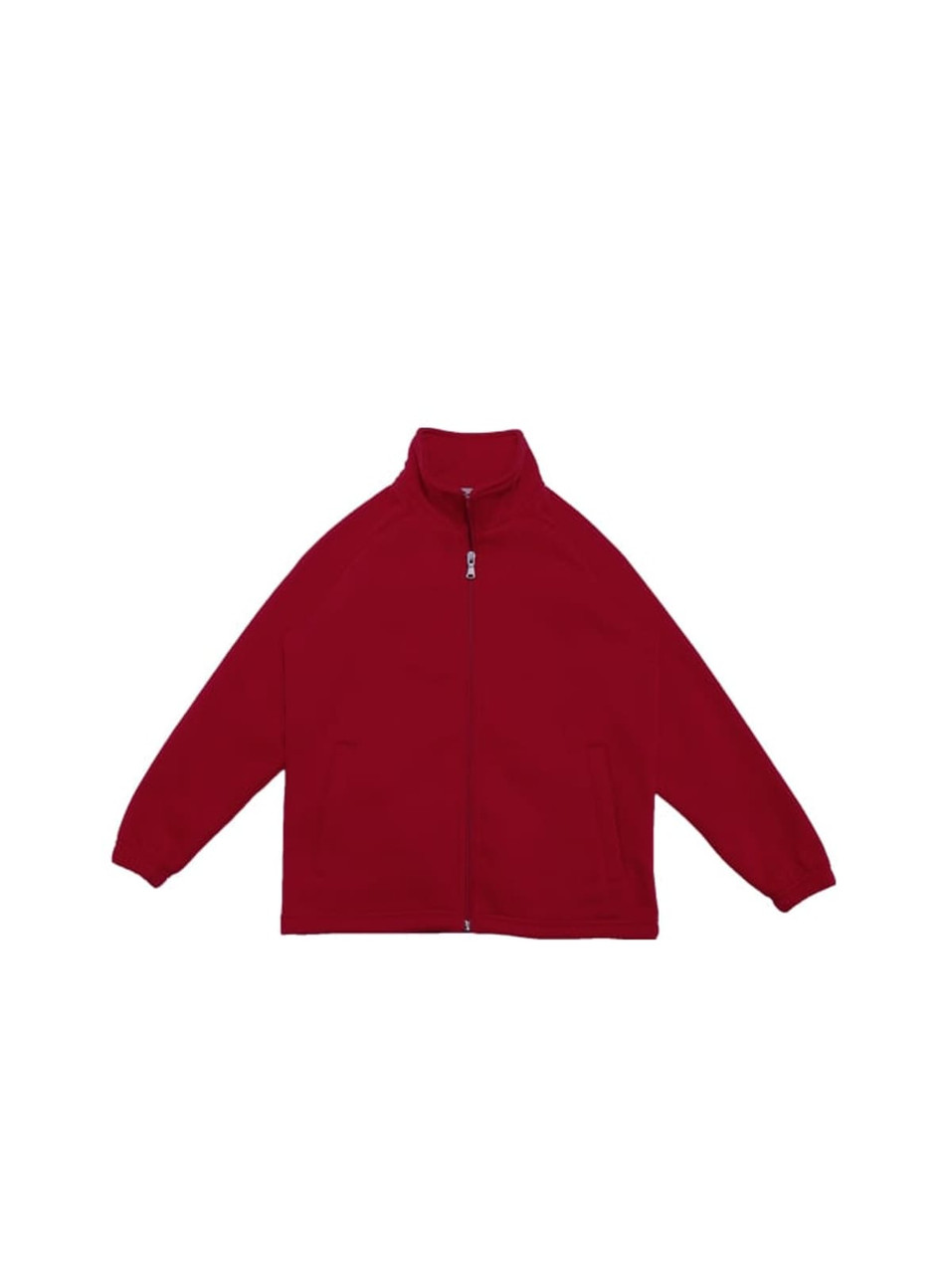 A unisex adults poly/cotton fleece zip-through jacket in red, featuring a collar and a logo.