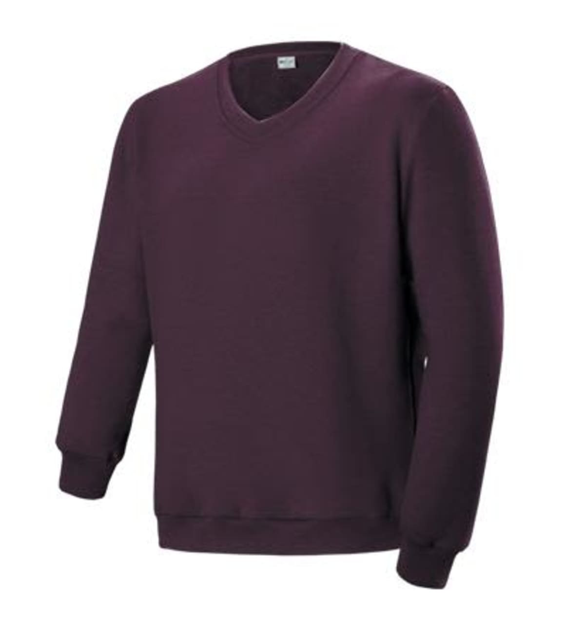A unisex adults V neck fleece jumper in a deep purple colour, featuring a logo on the chest.