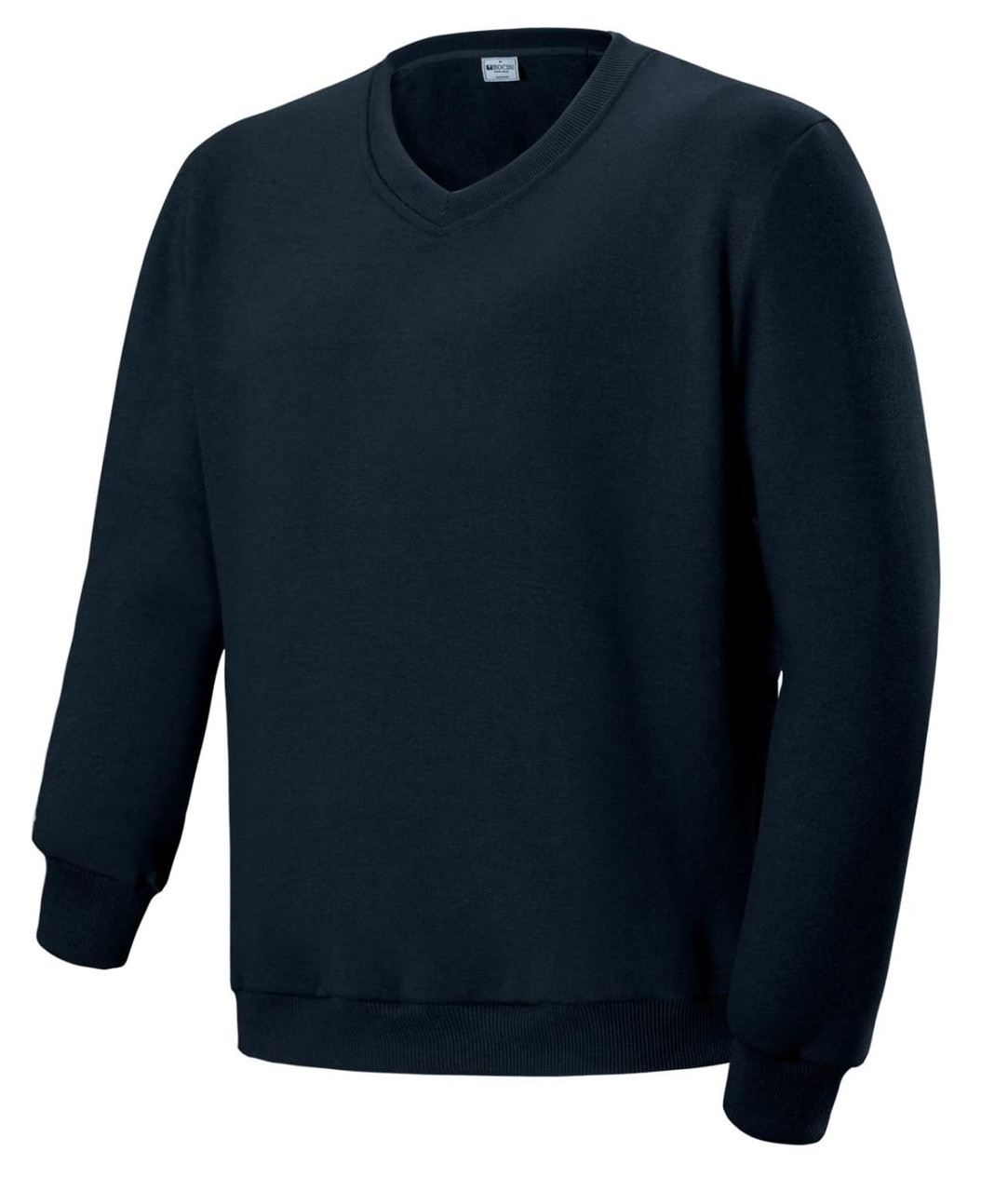 A black kids' V neck fleece jumper with long sleeves and ribbed cuffs. It has a label visible inside the neckline.