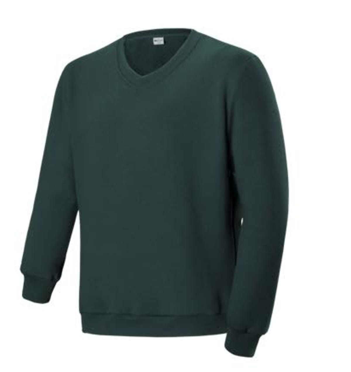A green kids' V-neck fleece jumper featuring long sleeves and a ribbed hem. The garment has a tag inside.