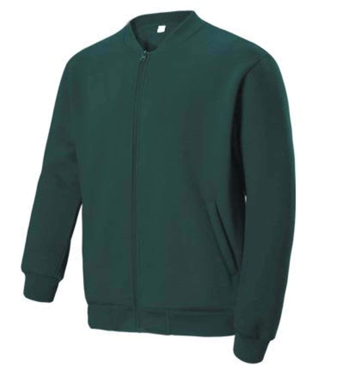 A green polar fleece jacket with a zip, featuring long sleeves and pockets. It has a simple design and no visible branding.