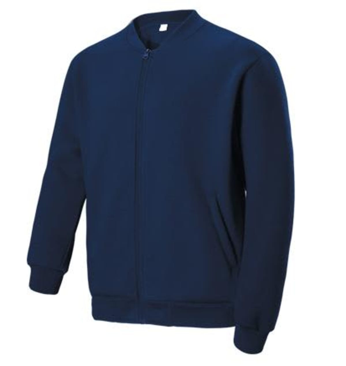 A navy kids fleece jacket with a zip and ribbed cuffs. The jacket features a simple design and has a branding logo.