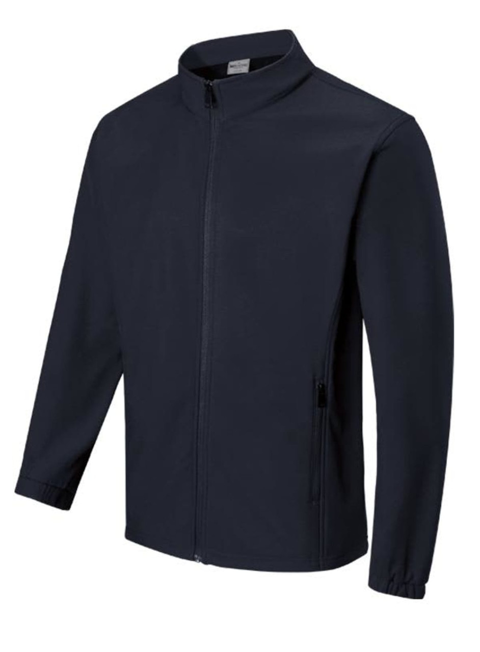 A navy softshell jacket featuring a zip front and side pockets, designed for kids. Includes a branding logo.