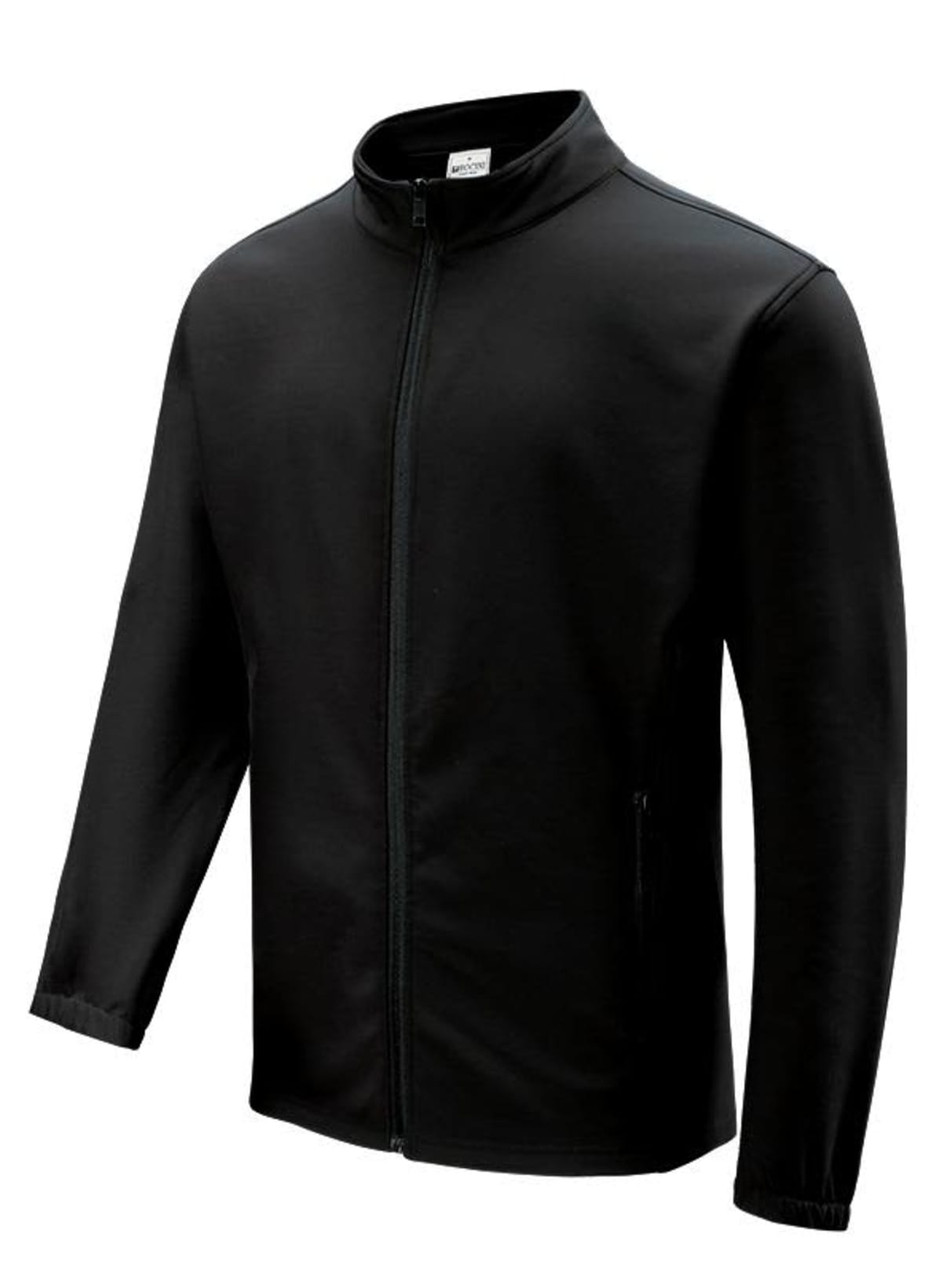 A black ladies softshell jacket with a zip front and side pockets featuring a logo.