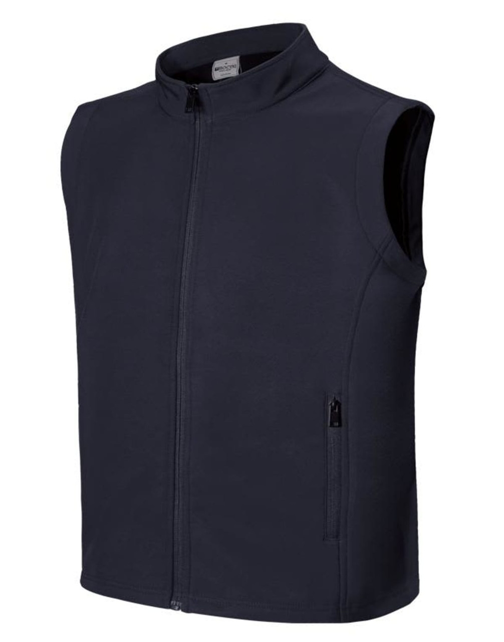 A men's softshell vest in black, featuring a zip front and side pockets. The vest has a logo.