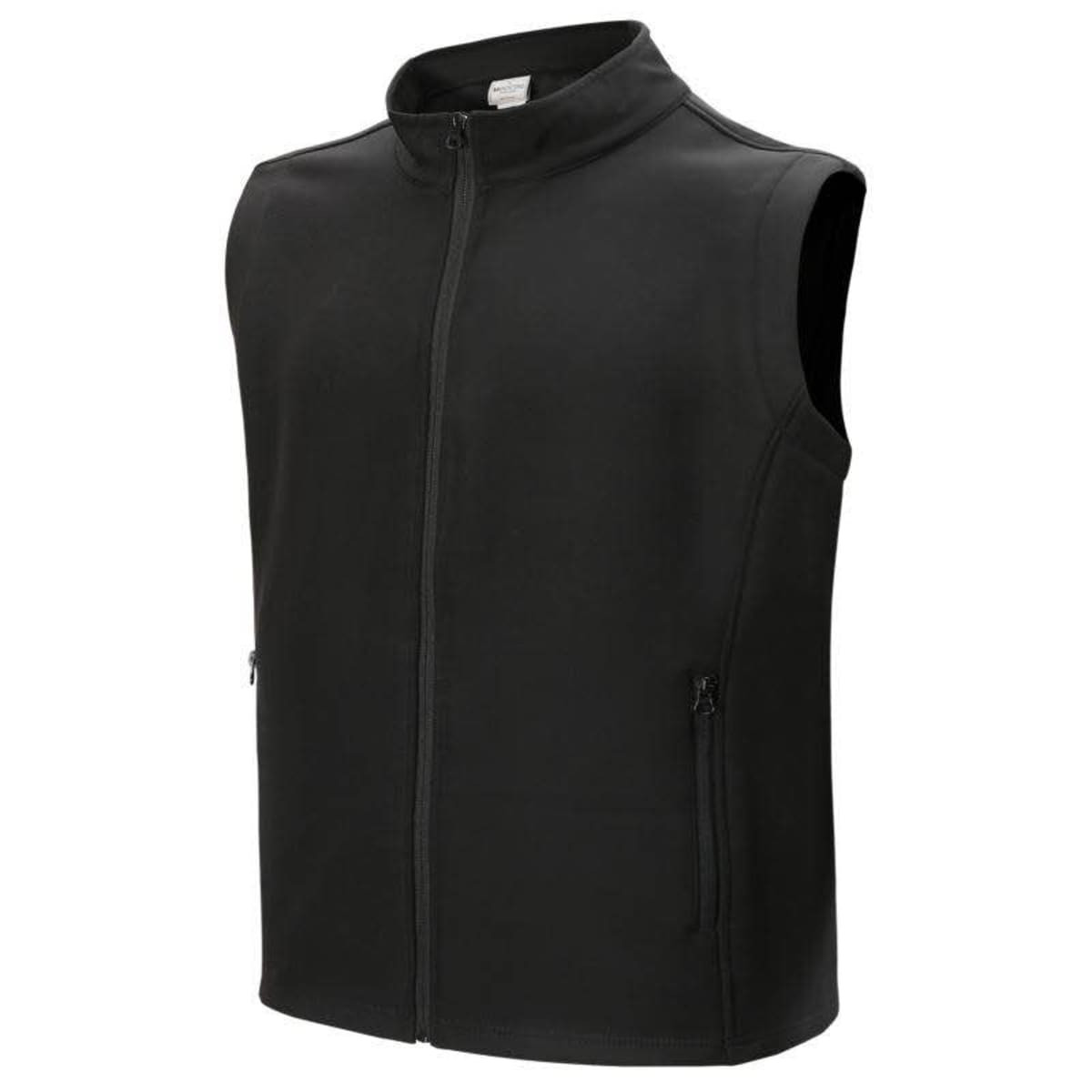 A black kids' softshell vest with a high collar and zippered pockets, featuring a logo on the chest.