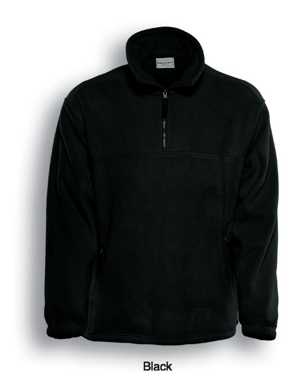 A black unisex polar fleece jumper with a half zip and pockets, featuring a logo on the upper chest area.