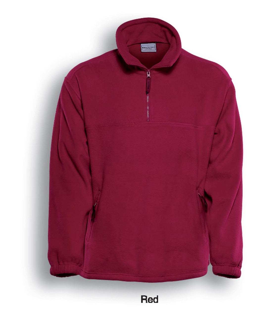 A red unisex half-zip polar fleece jumper with a collar and side pockets. Features a logo on the front.