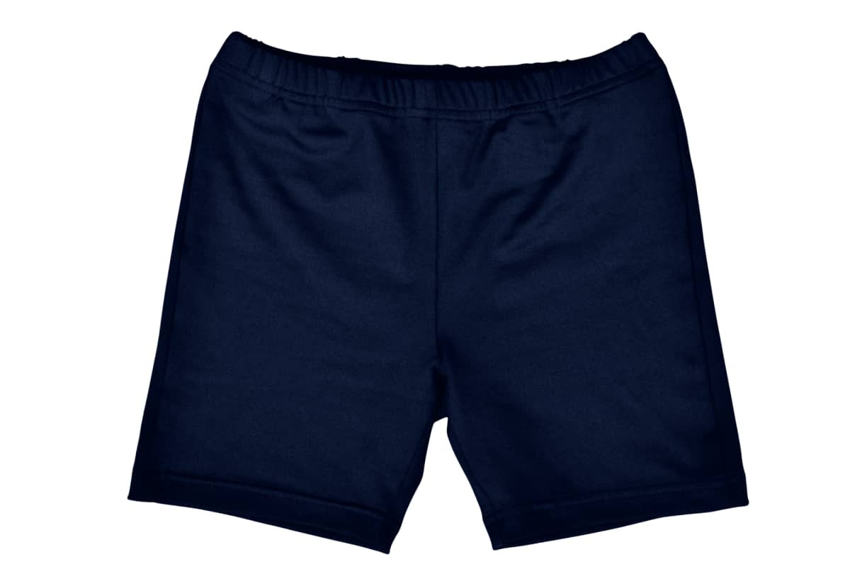 Navy blue kids gym shorts with an elastic waistband and a plain design. Includes a logo on the waistband.