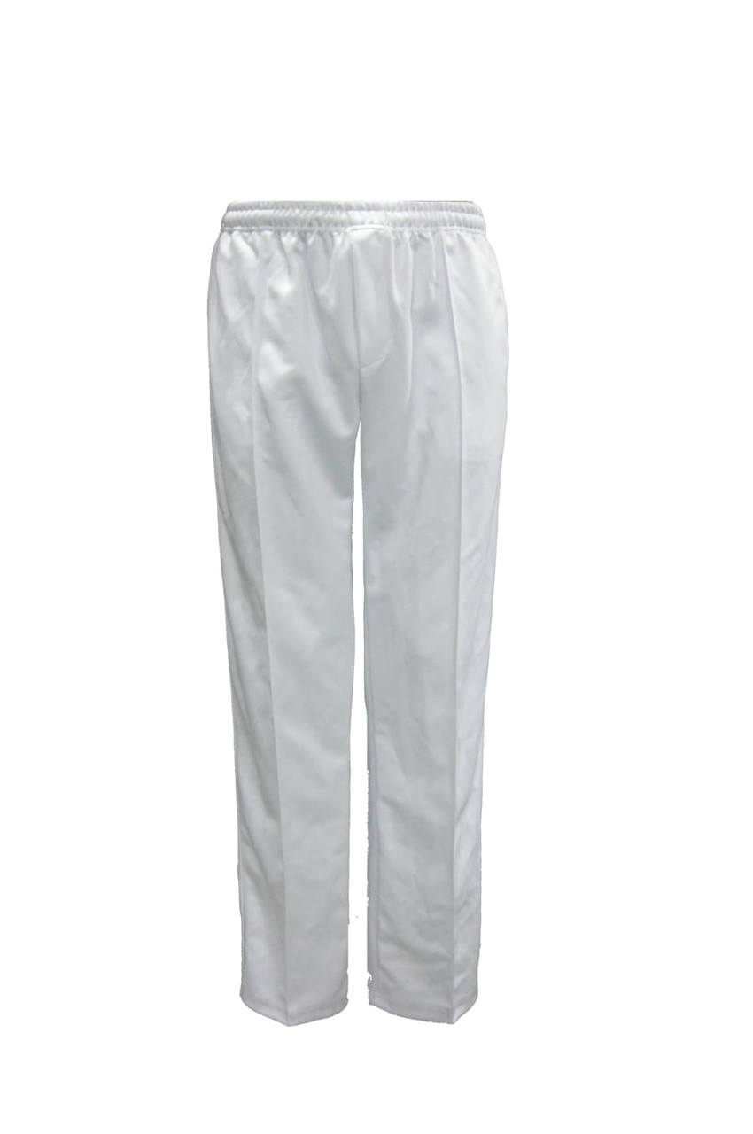 White cricket pants with an elastic waistband, designed for adults. Includes a logo on the waistband.