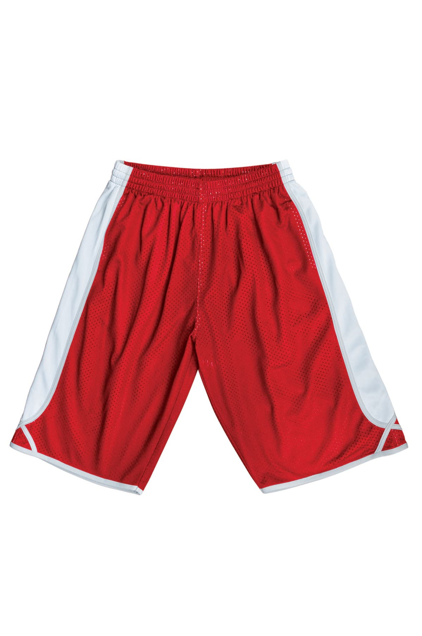 Red kids' basketball shorts with white side panels and a waistband. Features a logo on one side.