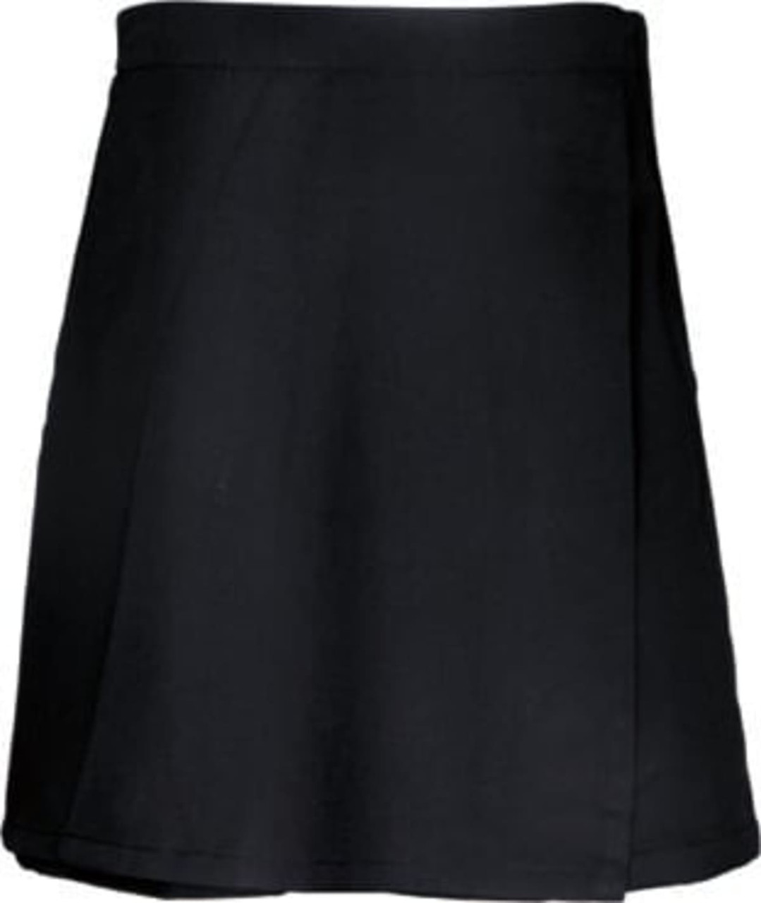 A black girls' school skort featuring a pleated design. The product has a logo on it.
