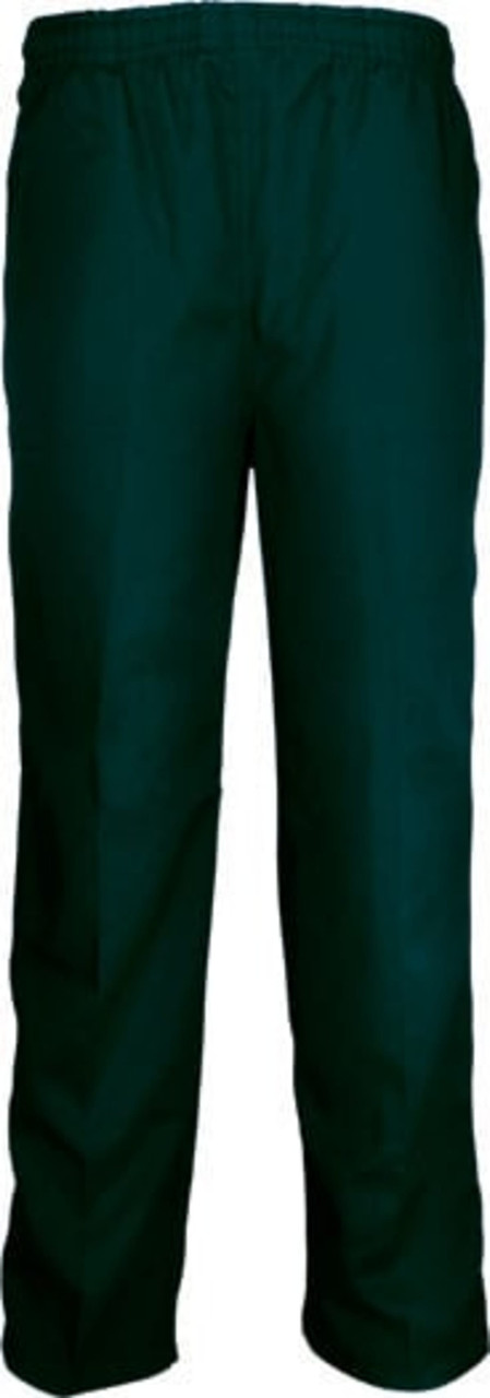 Dark green kids' school trousers with an elastic waistband and a straight-leg fit. Suitable for school wear.