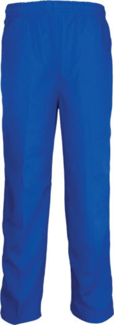 Blue kids' school trousers with an elastic waistband, featuring a simple design and no additional details.