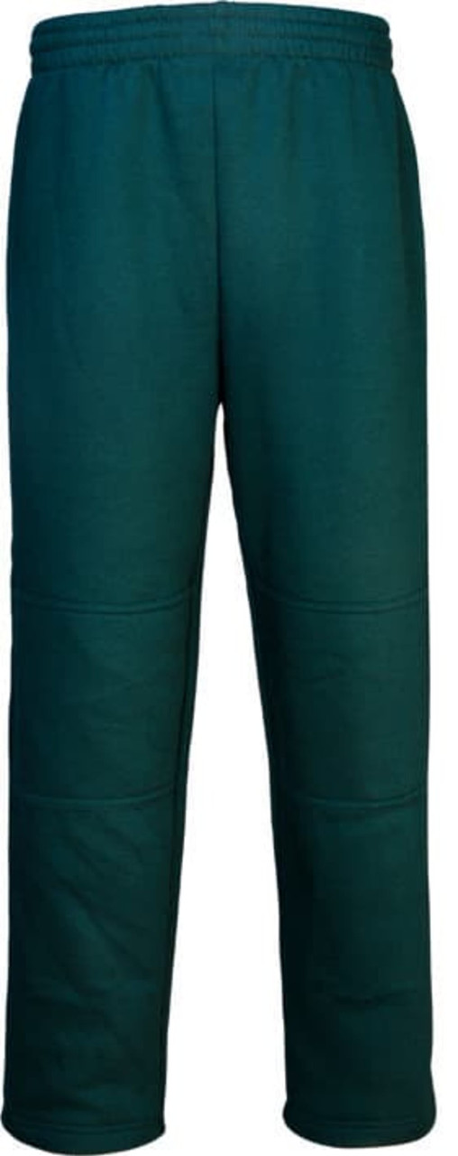 Dark green track pants featuring a double knee design and an elastic waistband. Includes a logo on the waistband.