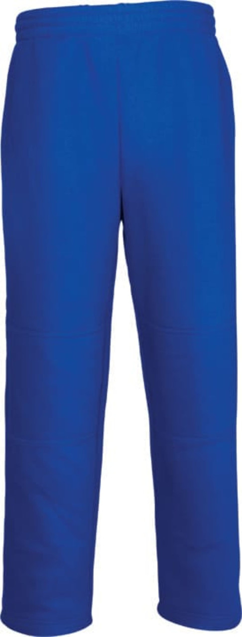 Bright blue track pants designed for kids, featuring a double knee design and an elastic waistband.