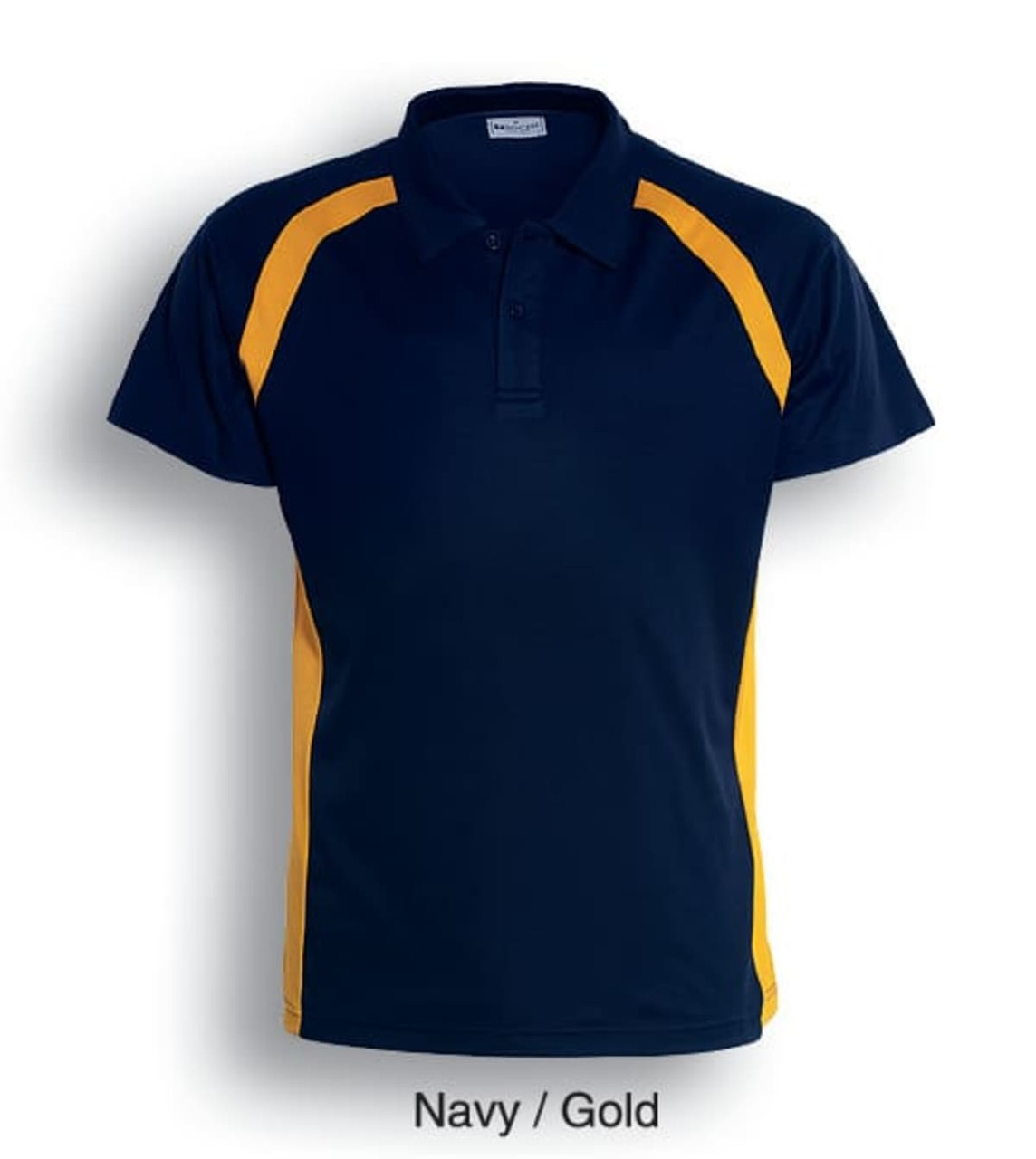 Navy polo shirt with contrasting gold panels, featuring a collar and a logo on the front.