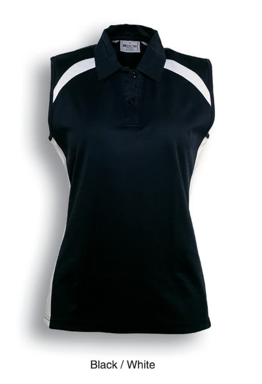 A ladies sleeveless polo shirt in black and white with contrasting details and a collar. Features a logo.