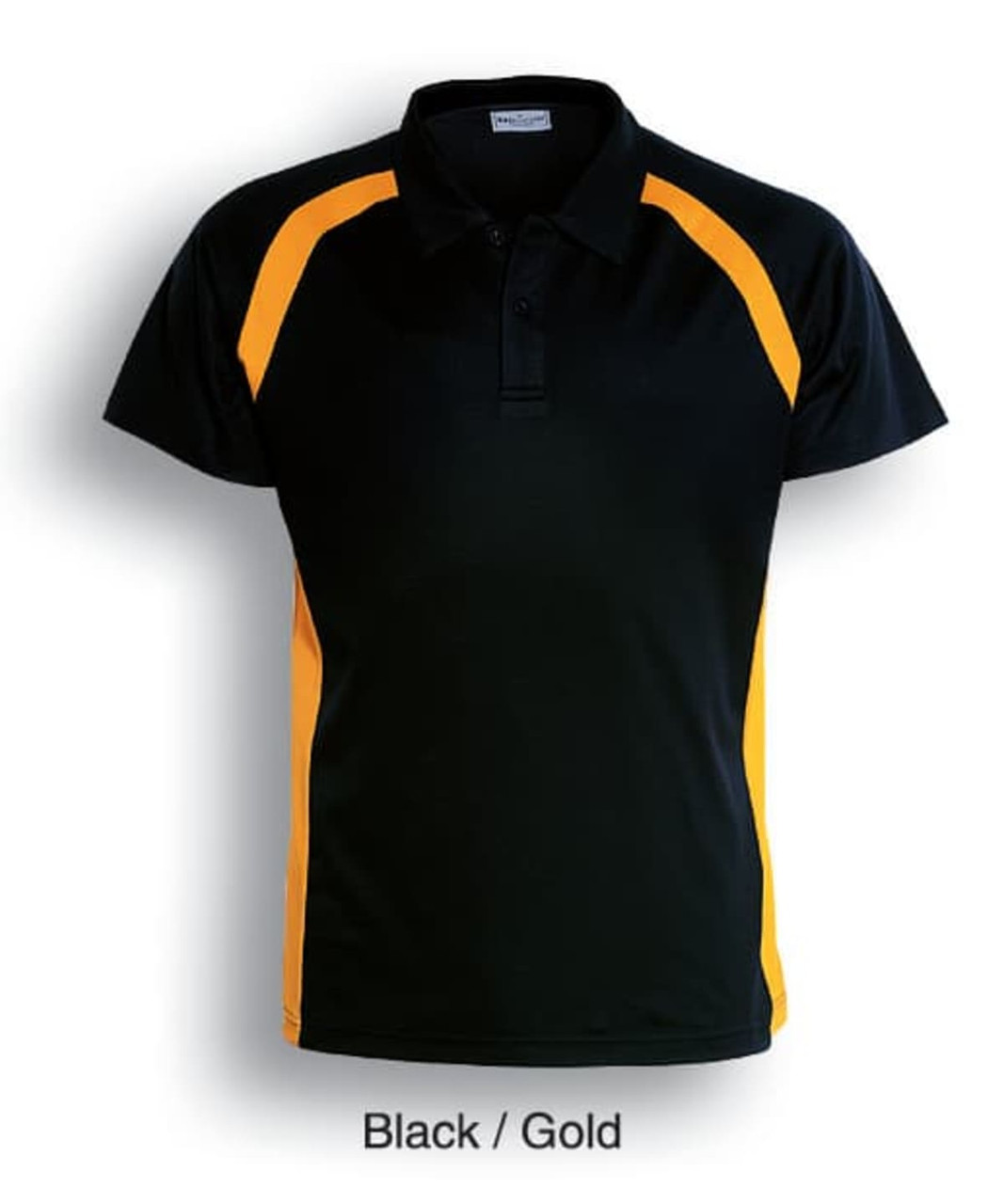 A black polo shirt with gold contrast panels and a logo on the chest. Short sleeves are featured prominently.