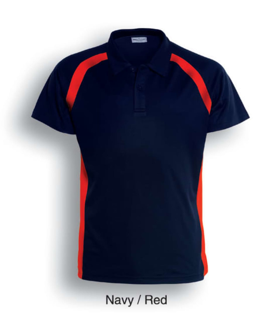 Navy polo shirt with red contrast panels, featuring a collar and a logo. Short sleeves complete the design.