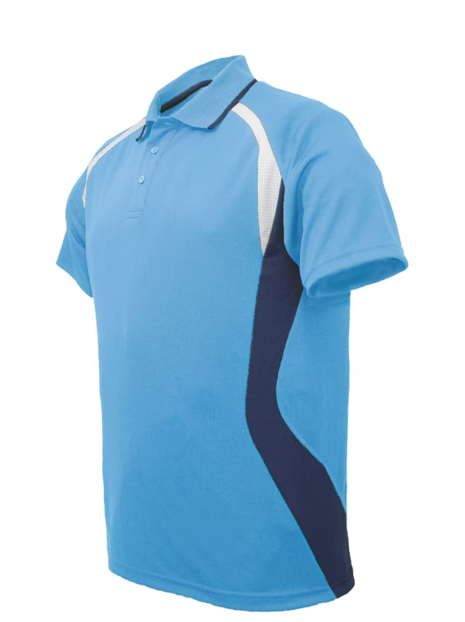 A blue unisex polo shirt featuring a navy panel and a logo on the side.