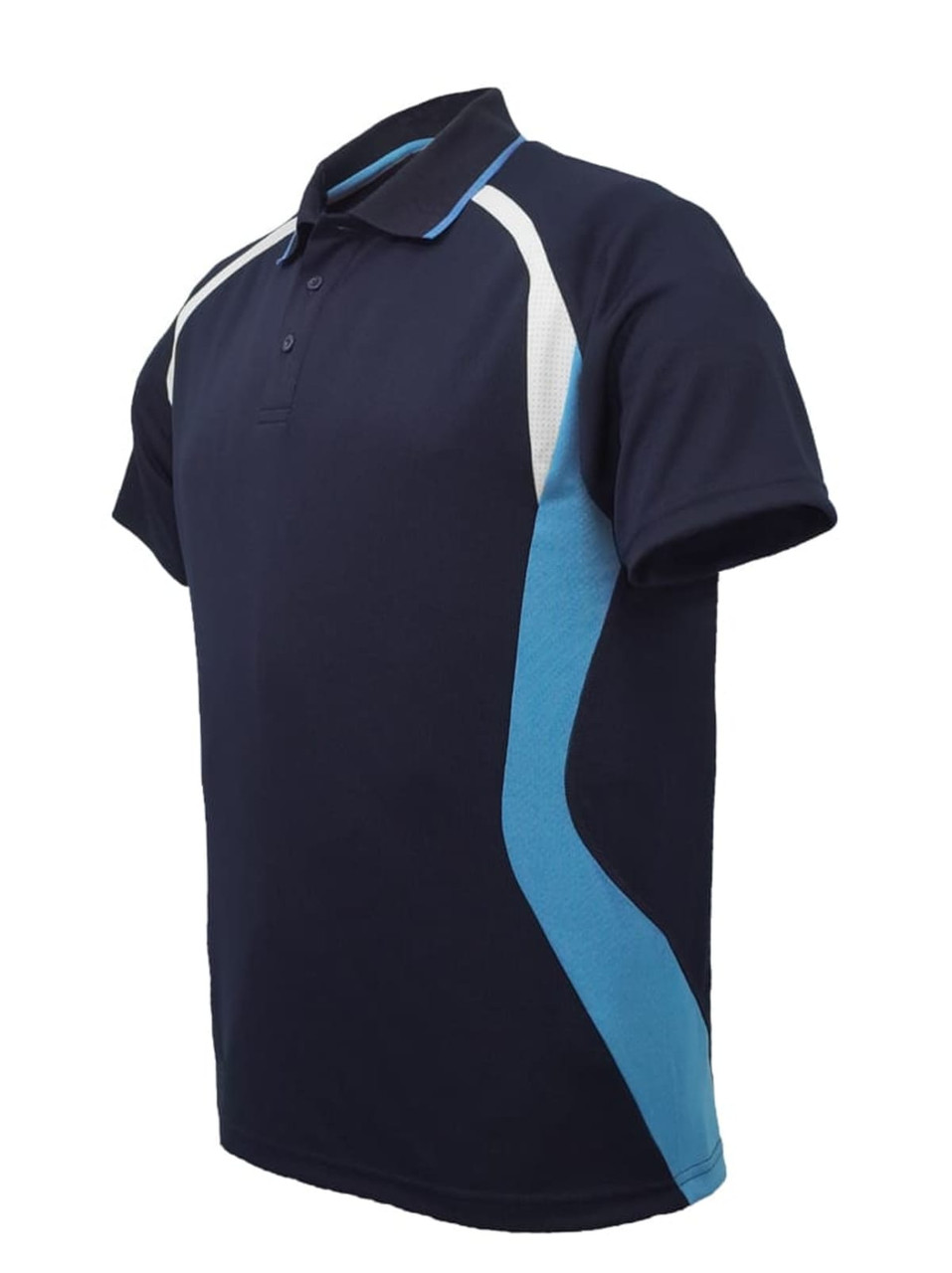 A navy blue unisex sports polo shirt featuring a light blue panel and a logo on the chest.