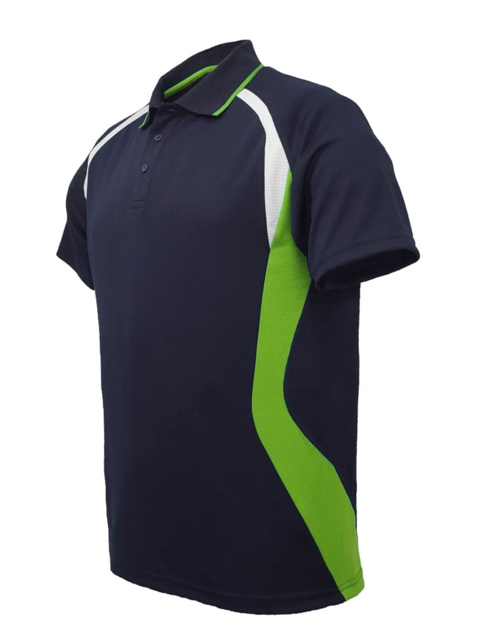 A navy polo shirt with green accents and a logo, featuring a classic collar and short sleeves.