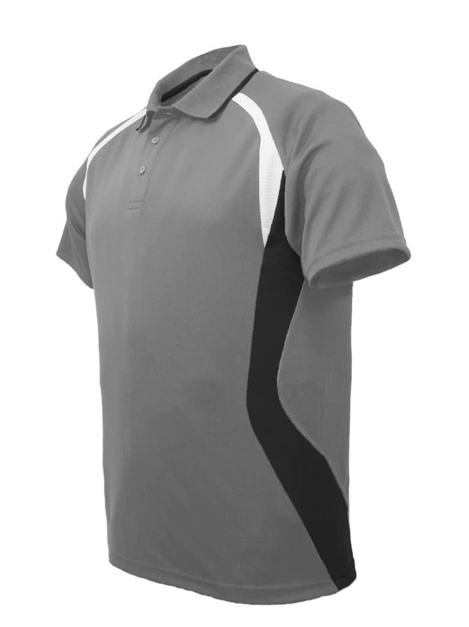 A grey kids' sports polo shirt featuring white and black accents, with a collar and short sleeves. It has a logo on it.