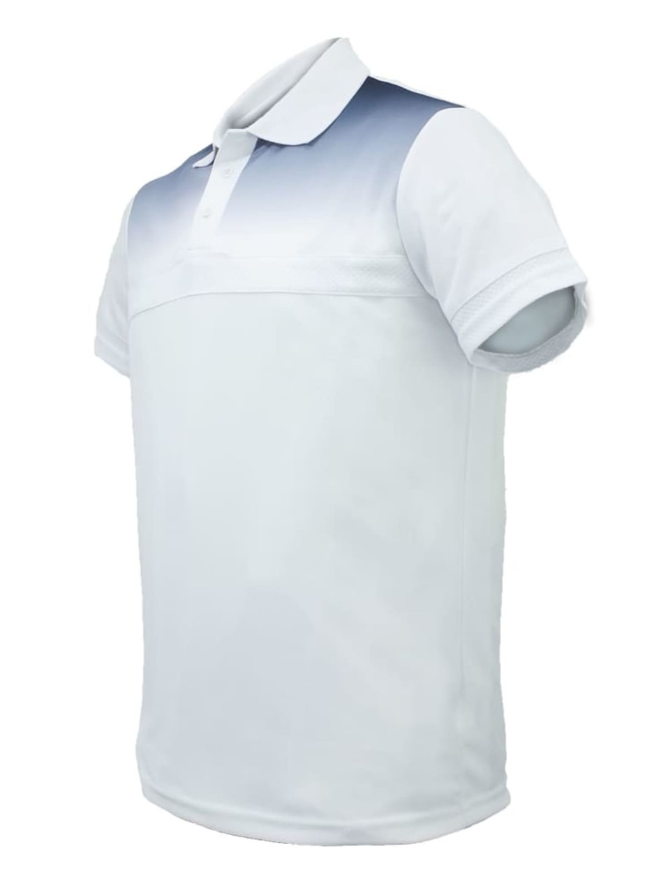 A white and light blue sublimated casual polo shirt with a collar and a logo.