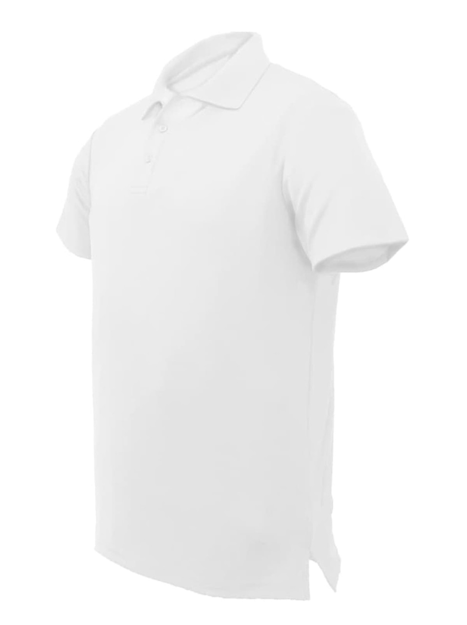 A plain white unisex polo shirt featuring a collar, short sleeves, and a logo on the chest.