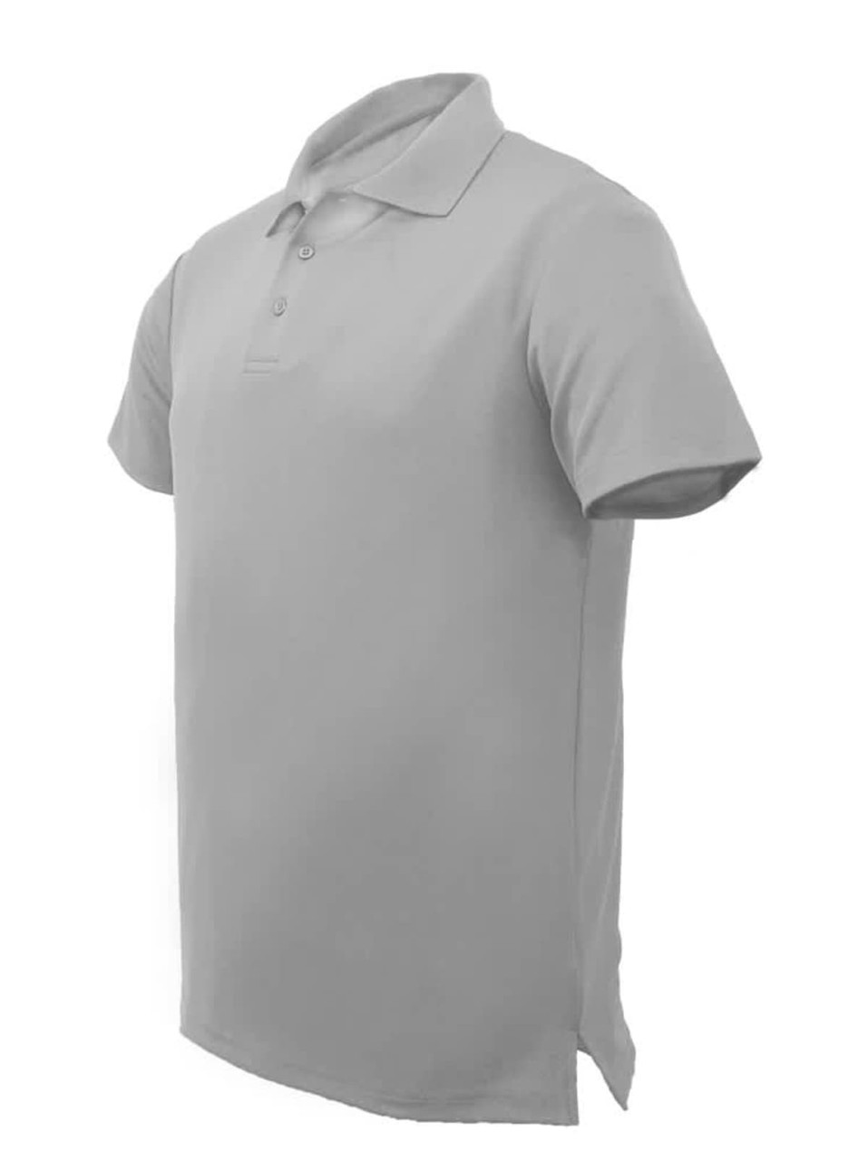 A plain grey unisex polo shirt with a collar and three-button placket, featuring a branding logo.