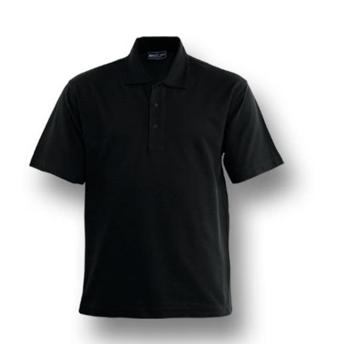 A black short sleeve polo shirt made from poly face and cotton backing, featuring a collar and three-button placket.