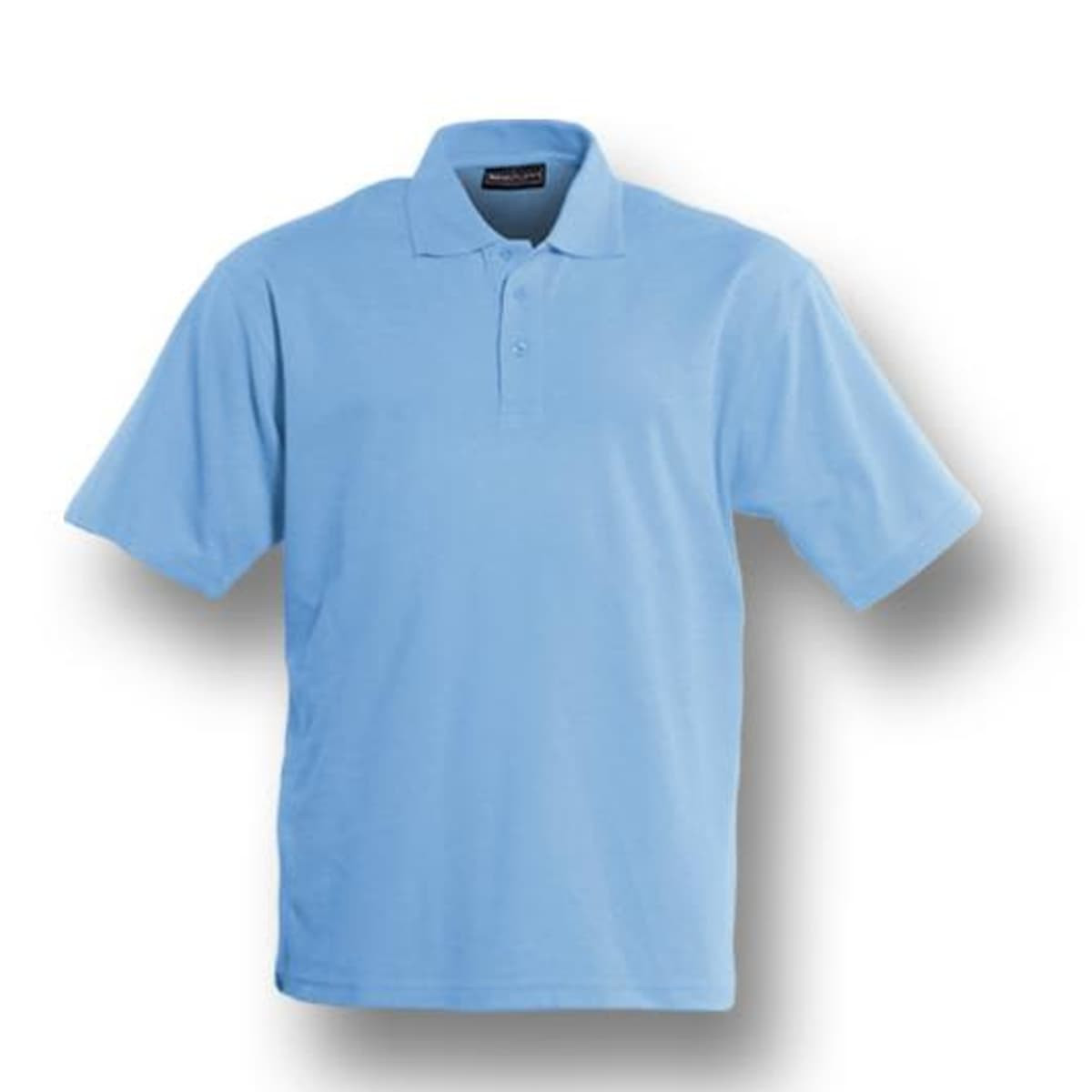 A light blue short sleeve polo shirt with a collar and a logo on the chest.