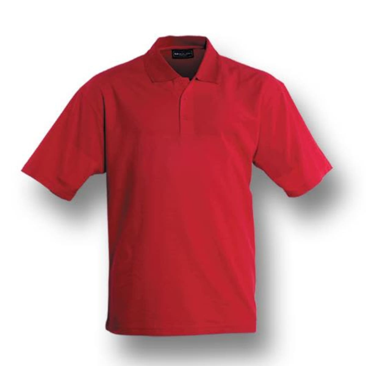 A red polo shirt with short sleeves and a plain design, featuring a label on the collar.