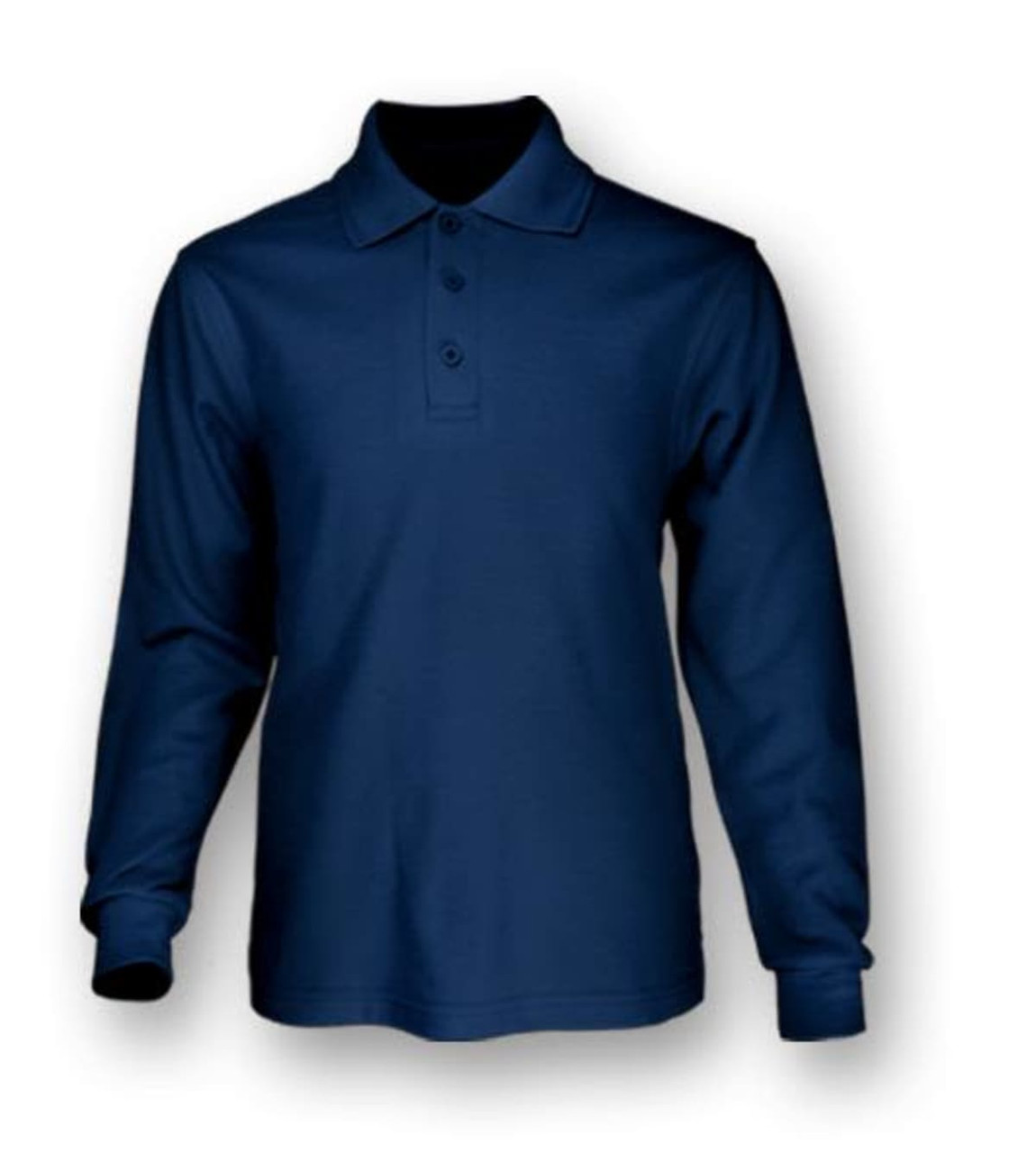 Long sleeve polo shirt in navy blue with a collar and three buttons, featuring a logo on the chest.