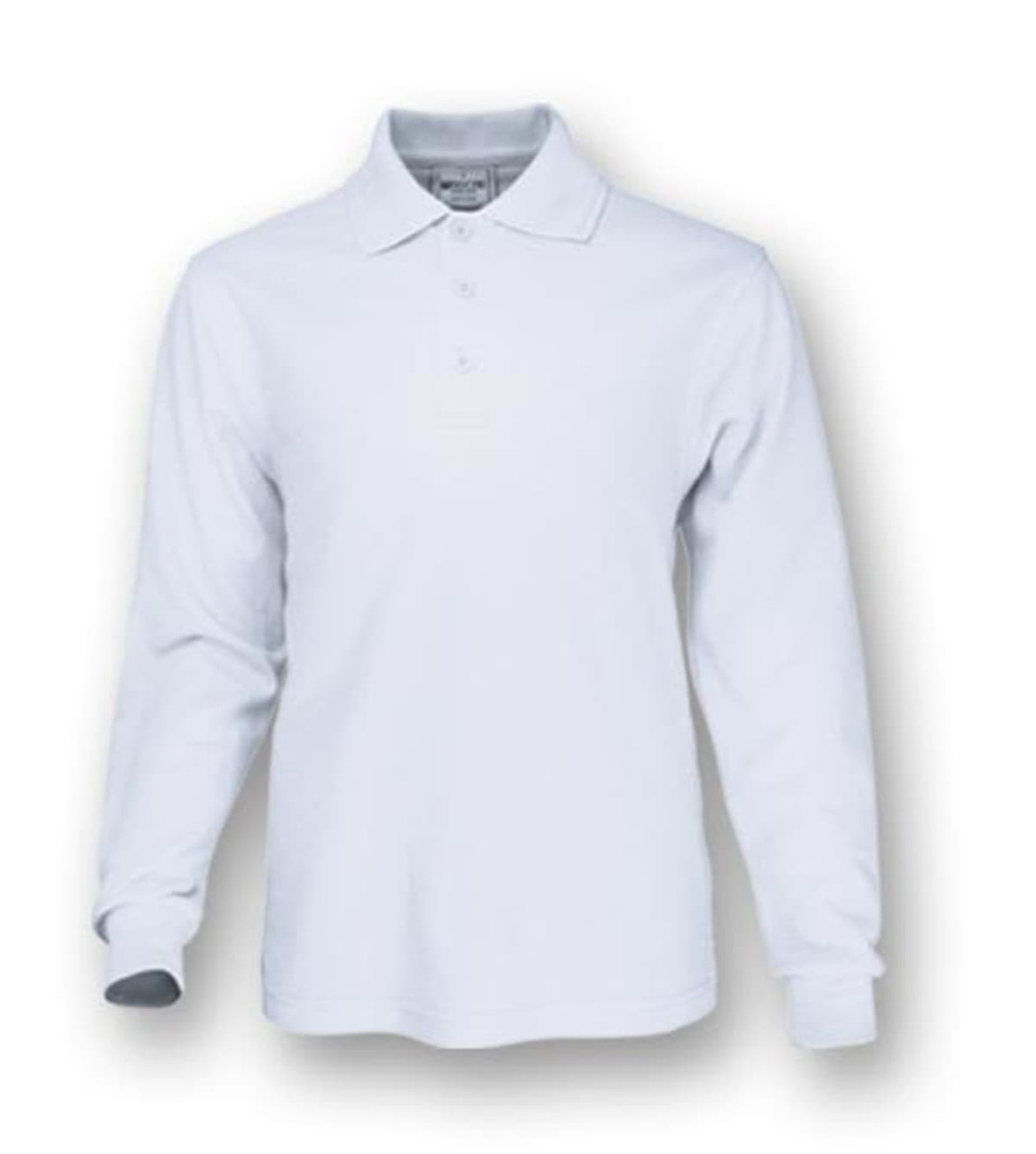 A long sleeve polo shirt in plain white with a collar and buttons, featuring a logo.