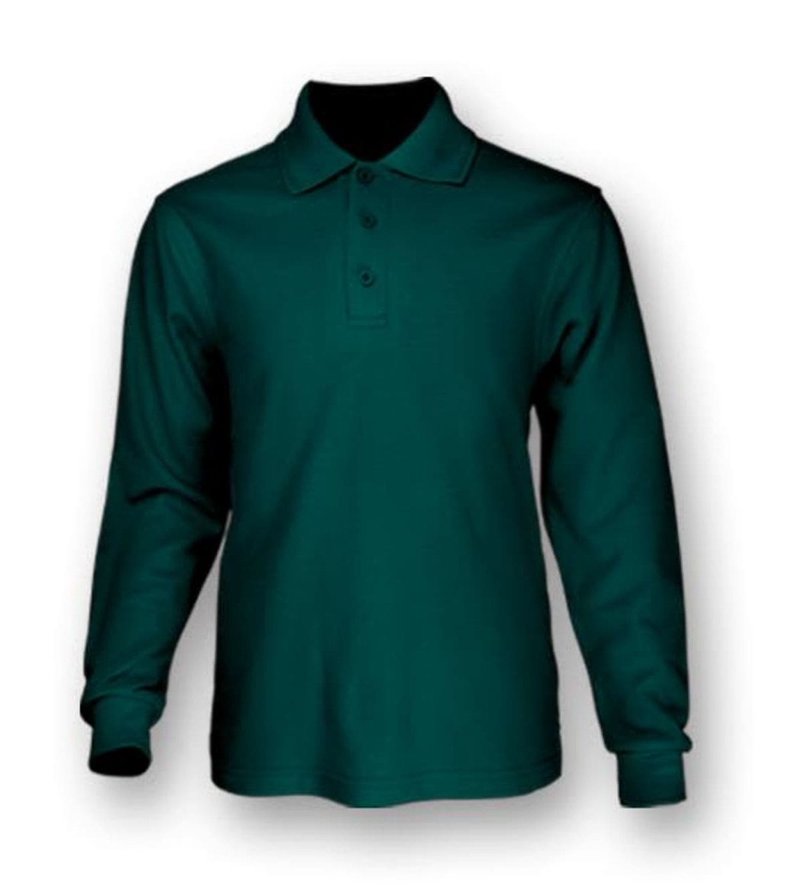 A long sleeve polo shirt in a deep green colour, featuring a three-button placket and a logo on the chest.