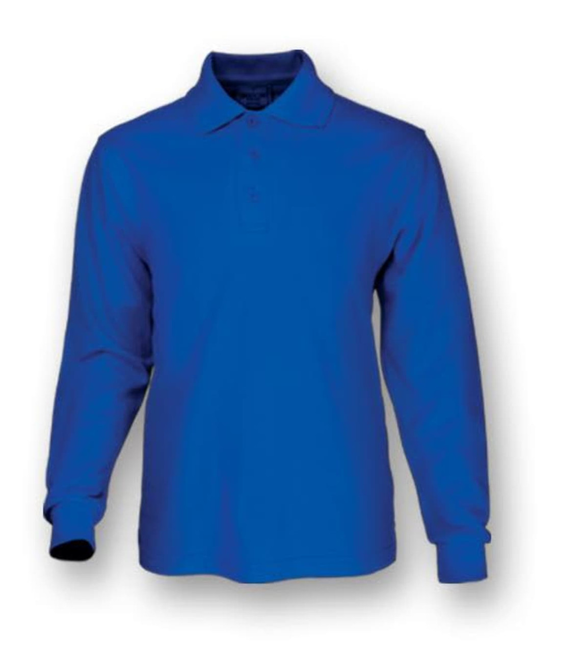 A long sleeve polo shirt in bright blue, featuring a collar and buttons, with a logo on the chest.